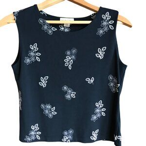 Casual Corner Embroidered Sleeveless Blouse: Dark Navy Cropped Top, Size S-M